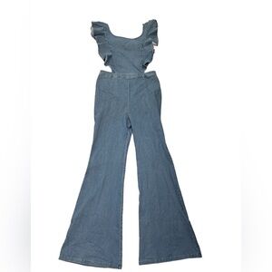 Love Crazy Blue Denim Jumpsuit Elaborate Sleeves Open Back Flare Bottoms. XL